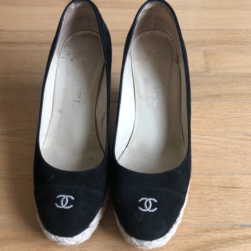 CHANEL Black Suede Espadrilles Wedges